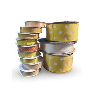 Yellow Ribbon Lot – 12 Rolls – Polka Dot, Satin & Grosgrain